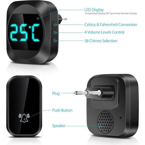 Funzione di temperatura automatica del campanello, campanello wireless one-drag-one, nero, display della temperatura (1/4)