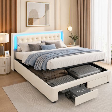 Superaly Lit Double Rembourré 140x190 cm, Lit Coffre avec Vérin Pneumatique, 2 Tiroirs de Rangement, Lampe LED 6 Couleurs Télécommandable, Lit Adulte au Moderne et Tendance, Velours, Beige (1/5)