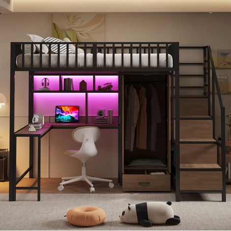Letto a soppalco 140x200 cm nero in metallo con scrivania, armadio e LED (1/5)