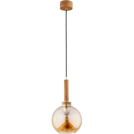 Alfa Balerina Wooden Pendant Light with Amber Glass Globe, Gold Metal Accents, 1xE27 Socket, Max 15W, IP20 Indoor Ceiling Lamp, 20cm Shade, 90cm Drop