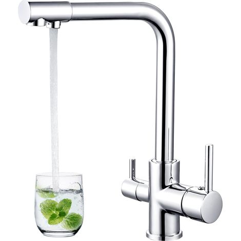 Filter Kitchen Tap 3 Way Water Filter Drinking Taps Sink Mixer Brass Swivel Spout with 2 Handles, Chrome