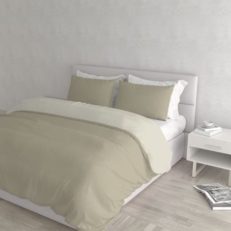 Housse de couette double-face couleur unie avec taies d'oreiller, Gris Tourterelle/Crème (1/5)