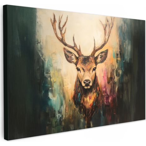 TABLEAU SUR TOILE Cerf - peint - bois - brun Toile Peinture Grand Format XXL 150x100 cm