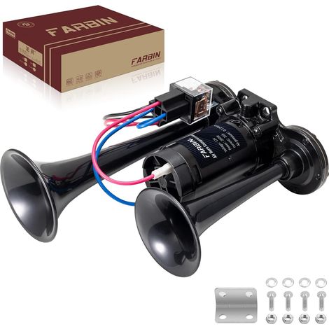 Kit Klaxon de Camion 12V 150dB Klaxon de Voiture Compacte Puissant Klaxons à Air Double Tube Trompette Noir avec Compresseur Pompe à Air et Relais Faisceau Câble pour Voiture Moto Lorry Train (1/5)