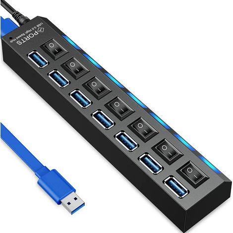 Hub USB 3.0 7 ports USB 5 Go/s, hub de données avec interrupteur séparé, port d'alimentation avec interrupteurs d'alimentation LED individuels, compatible avec ordinateur portable, PC et autres (1/5)