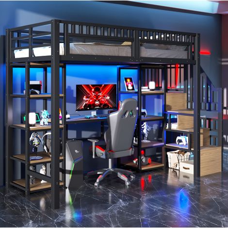 Lit mezzanine 255/96/174 cm noir en métal et MDF avec bureau, rangements et éclairage LED (1/5)