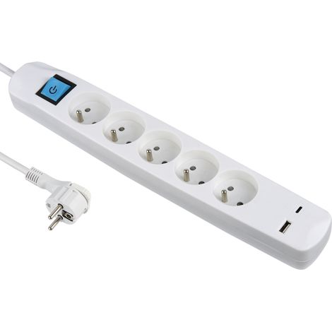 Bloc Multiprise 5 Prises Françaises + 2 USB 3.4A 17W A + 1 Type C, avec Interrupteur on/Off, Fiche Extra Plate 90° 16A, Câble 1.5M (1/5)