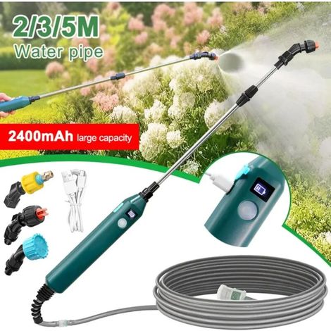 Arroseur électrique portable (5 mètres) 2400 mAh avec 3 buses de brumisation, arroseur haute pression pour plantes et jardin. (1/5)