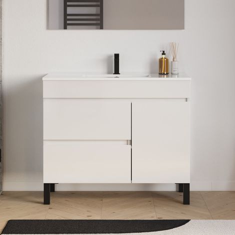Meuble de salle de bain 100cm simple vasque sur pieds avec porte et tiroirs - sans miroir - blanc brillant - LAZARO (1/5)