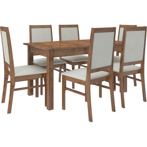 Ensemble table extensible 140-180cm et 6 chaises en bois marron et tissu gris clair Klarika (1/5)