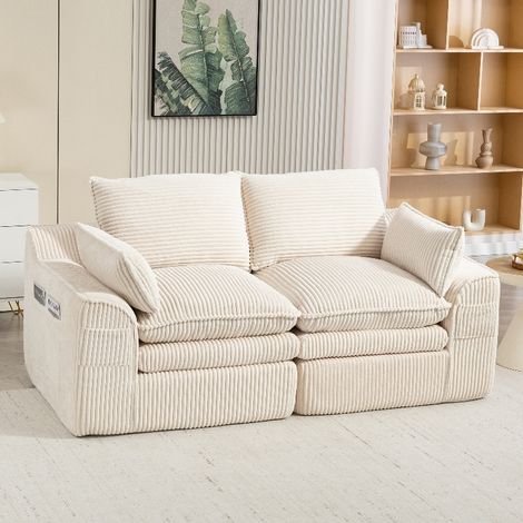 2-Sitzer Cordsofa Beige mit Federkern und Seitentaschen, modulares Kompressionssofa inklusive Kissen, für Wohnzimmer und Büro, 191x94x85 cm (1/5)