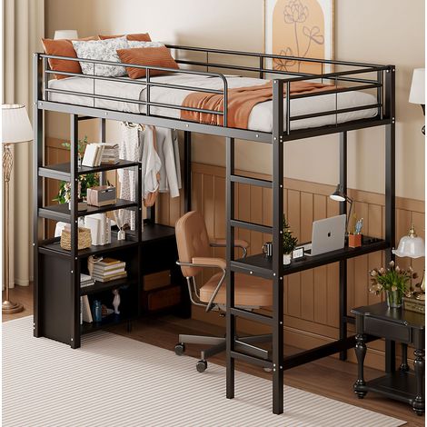 Hochbett 90x200 cm schwarz aus Metall und MDF mit Schreibtisch, Steckdose, USB und Stauraum (1/5)