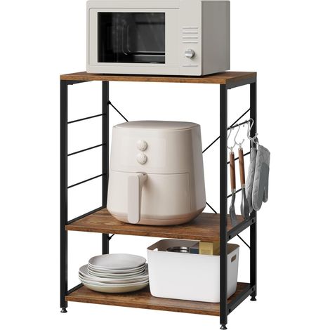 WOLTU Scaffale da Cucina, Carrello di Servizio con 3 Ripiani, Scaffale per Microonde, Forno, Tostapane, Rustico+nero