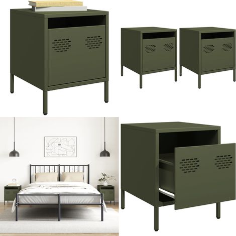 Comodini 2 pz Verde Oliva 35x39x43,5 cm in Acciaio - Comodino verde oliva - Comodino industriale