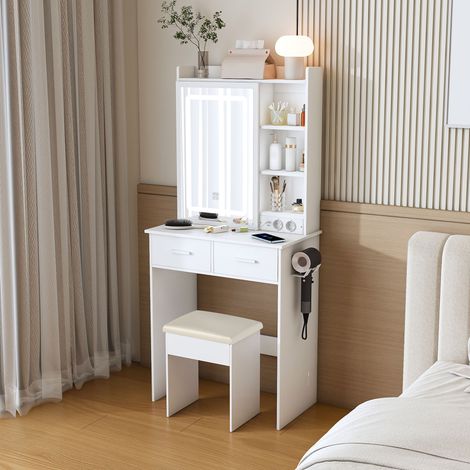 MEUBLIV Schminktisch 60 x 36 x 136 cm weiß – verstellbarer LED-Spiegel, integrierte Steckdosen (1/5)