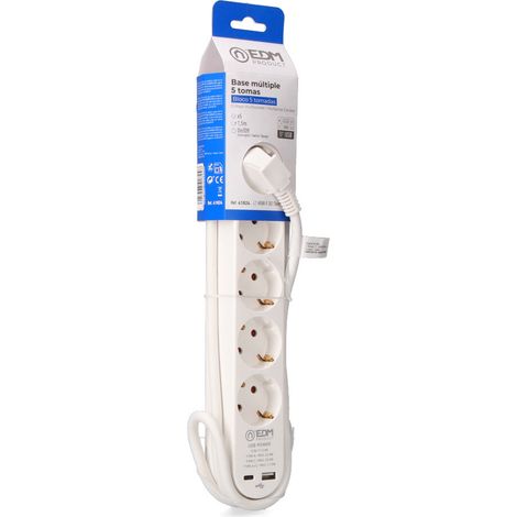Estensione con 5 prese 2p+t Schuko, con interruttore, 2 USB A + C, 16 A 250 V, cavo H05VV-F, 3G1,5mm² di 1,5 m, bianco