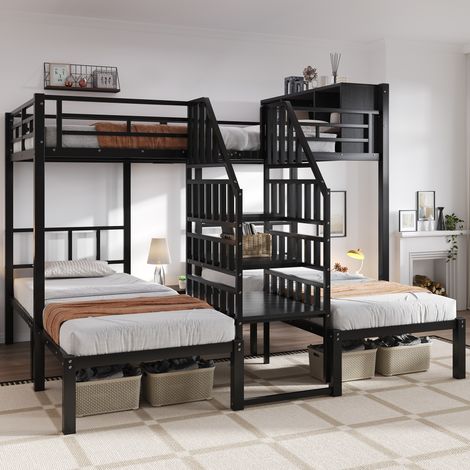 Litera de hierro con tres plazas, cómodas escaleras con pasamanos, estructura de cama estable, cama superior con espacio de almacenamiento, hierro, color negro, 90x200cm y 140x200cm. (1/5)