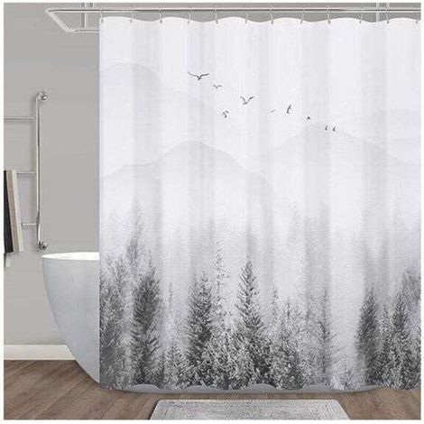 Duschvorhang, grüner Duschvorhang, Duschvorhang-Set mit Bergmotiv, grauer Duschvorhang für Badezimmer, wasserabweisend, Hotel, 183 x 183 cm - Crezuo