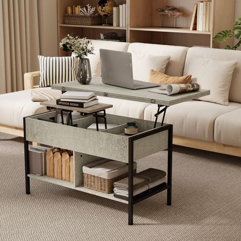 Table basse escamotable relevable avec rangement caché, meuble de salon extensible à étagères, 98x49x55 cm, coloris gris (1/5)