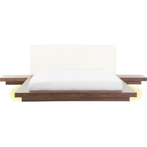 Cama LED moderna con plataforma mesitas de noche cabecero de piel sintética MDF madera de fresno marrón 160 x 200 cm Zen (1/5)