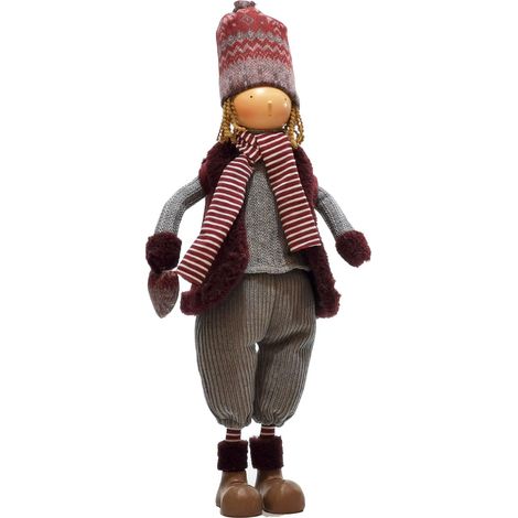 Pupazzo natalizio "Bimbo Bordeaux e Grigio" decorazione per interno h57 cm