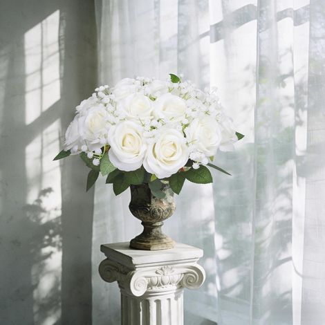 2 Pièce Roses Artificielles, Fleurs Artificielles Blanche Deco Fausses Roses Blanche Soie pour Jardin, Fête De Mariage, Intérieur Et Extérieur