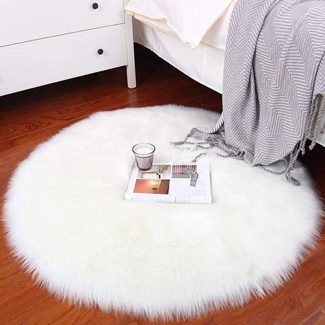 Peau de mouton synthétique,Cozy Sensation comme véritable laine Tapis en fourrure synthétique, Man-made luxe Laine Tapis de Canapé Coussin (Rond Blanc, 60x60 CM)