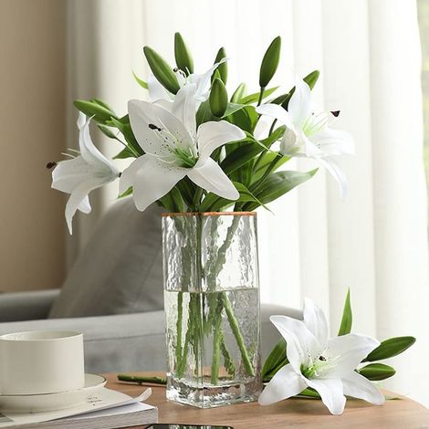Set mit 6 weißen künstlichen Lilien – Elegante Dekoration – Hochwertige Kunstblumen – Pflegeleicht – Für Zuhause, Büro, Hochzeit (1/5)