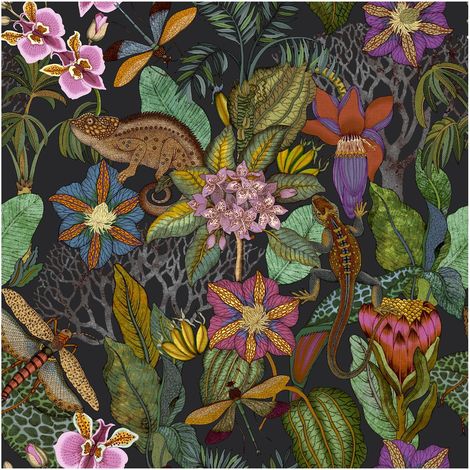 Exotic Tropical Wallpaper Black Green Pink Orange Floral Botanical 10m Roll
