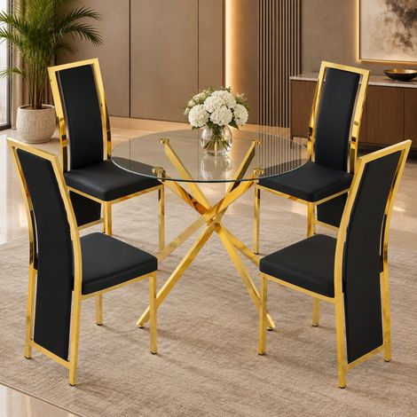 Runder Esstisch mit 4 Stühlen, 88 cm gehärtetes Glas, Schwarz und Gold (1/5)