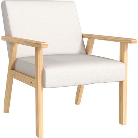 Fauteuil lounge avec accoudoirs en tissu effet lin crème, cadre en bois massif, 64 x 70 x 72 cm (1/5)