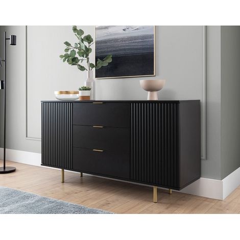 Bestmobilier – Buffet noir 150 cm – Design racé avec portes effet tasseau – 2 étagères et 3 tiroirs – Finition mat résistante aux rayures