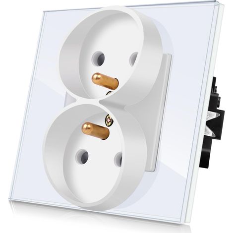 Double prise de courant Encastrable dans une boîte simple - Fixation par vis et griffes -Prise murale standard avec cadre en verre - Couleur Blanc (1/5)