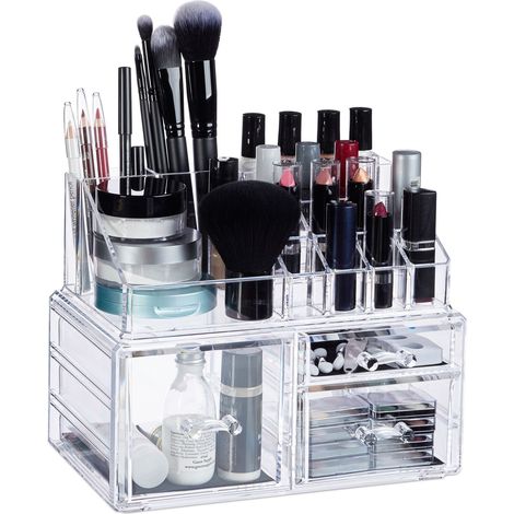 Relaxdays 2x Cosmetic Organiser, 3 Drawers, Makeup Kit for Lipstick, Nail Polish, Acrylic Jewellery Stand, Transparent