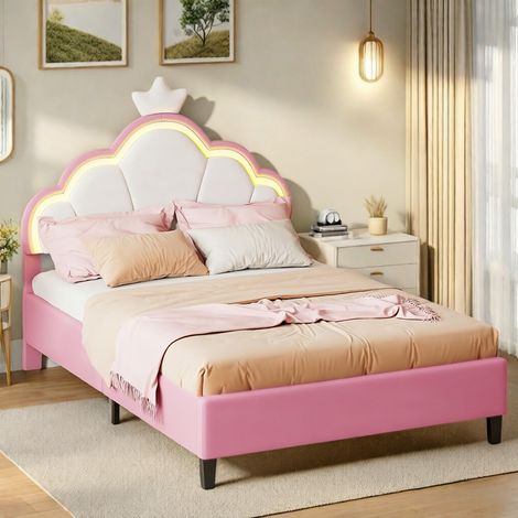 Lit double 140 x 200 cm–Lit princesse 140 x 200 cm–Lit de fille en velours–Motif couronne–Tête de lit avec LED réglables–Blanc + rose