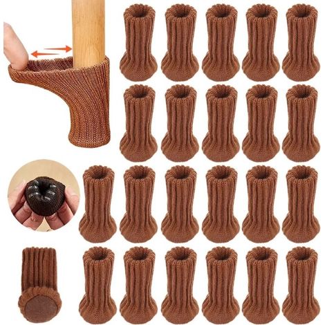 24 Housses Très Élastiques pour Pieds de Chaise en Tricot, Anti-dérapantes Intégrées en Silicone, Doublure Feutre Épaisse, Protection Sol Parquet, Réduction Bruit & Rayures, Marron (1/5)