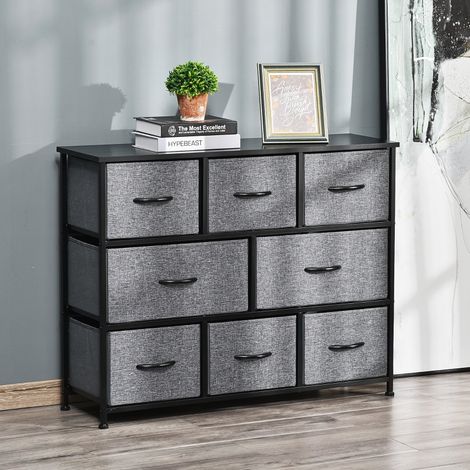 Commode 8 tiroirs en tissu avec poignées, structure métal, rangement moderne pour chambre/salon, gris foncé – design scandinave (1/4)