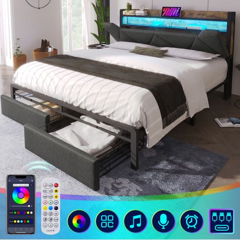 Polsterbett 140/200 cm grau aus Leinen mit LED-Kopfteil, USB-C und Schubladen (1/5)