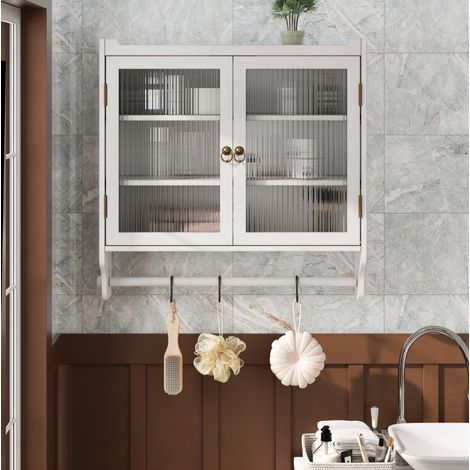 Vetrina murale 63x60x18 cm bianco patinato in legno massello, vetro, 3 ripiani, anta doppia, rimovibili (1/5)