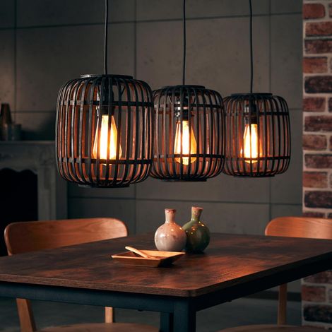 BRILLIANT Lampe, Woodrow Pendelleuchte, 3-flammig holz dunkel/schwarz, Metall/Bambus, 3x A60, E27, 60W,Normallampen (nicht enthalten) (1/5)
