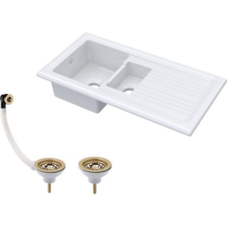 Balterley Traditional 101cm 1.5 Bowl Fireclay Inset Kitchen Sink & Drainer & Brushed Brass Wastes - White