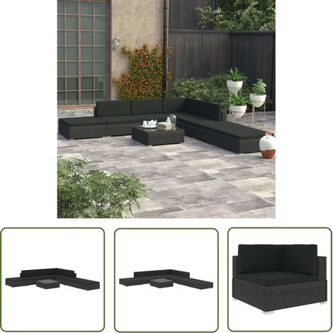 The Living Store Salon de jardin 8 pcs avec coussins résine tressée noir - Salon De Jardin - Mobilier De Jardin - Ensemble De Canapés - Meubles De Jardin - Résine Tressée (1/5)