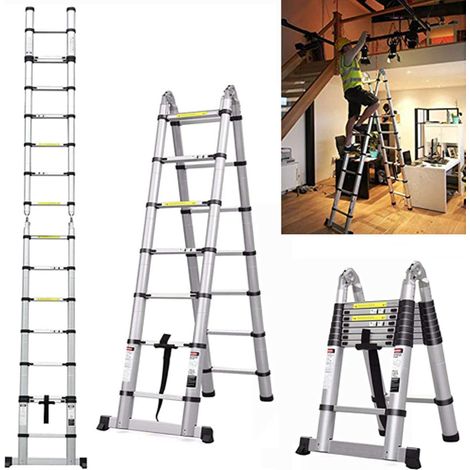 Échelle télescopique de 5 m - Échelle extensible de 2,5 m + 2,5 m - Cadre en A - Multifonction - Pliable - En aluminium - Antidérapante - Légère - Portable - Capacité de 150 kg - EN131