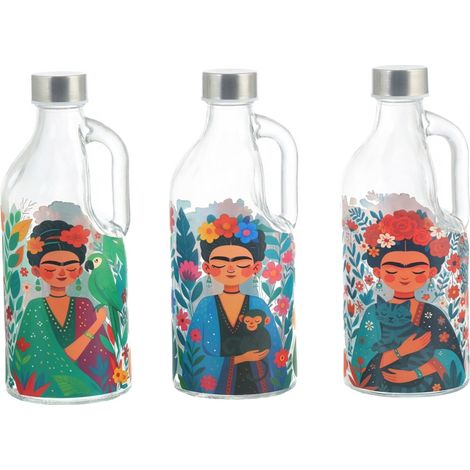 Brocca in vetro con tappo, donna con fiori - design colorato, 1100 ml