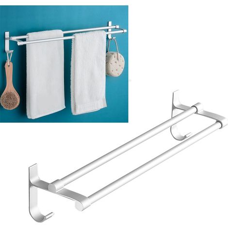 Porte-serviettes double en aluminium argenté et blanc, non perforé, salle de bain, fixation murale, étagère à serviettes, 60 cm (1/5)