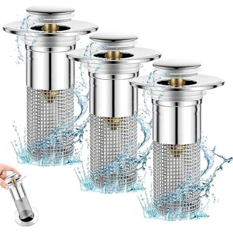 RHG Lot de 3 bouchons de lavabo universels pour écoulement de 34 à 40 mm - Filtre à cheveux, maintien d'eau et mode de vidange - Pour salle de bain, cuisine, baignoire (1/5)