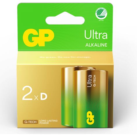 GP - Ultra Alkaline Battery, Size D, 13AU/LR20, 1.5V (2-pack)
