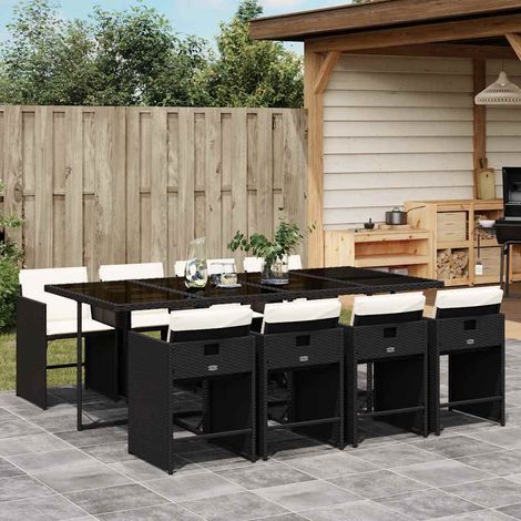 Ensemble repas de jardin 9 pièces, 8 chaises en résine tressée noire avec coussins, 106kg - PANGIVO (1/5)