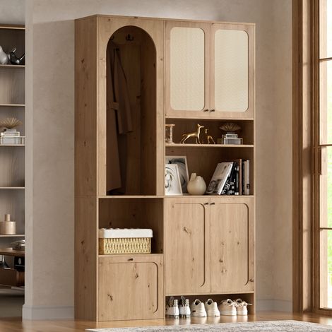 Meuble d'entrée vestiaire 120x35x200 cm avec 4 portes, rangement chaussures, crochets et décoration rotin - Naturel (1/5)