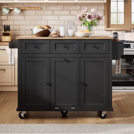 Isla de cocina 112x46.2x92.7 cm negro y natural en MDF con ruedas y encimera extensible (1/5)